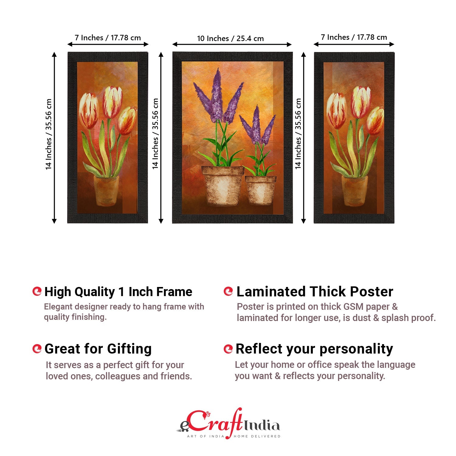 Set of 3 Botanical and Floral Satin Matt Textured UV Art Painting Kafalo