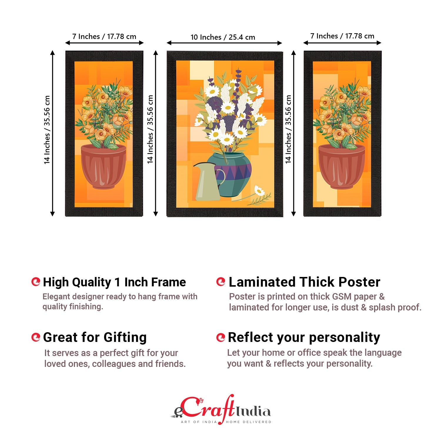 Set of 3 Botanical and Floral Satin Matt Textured UV Art Painting Kafalo