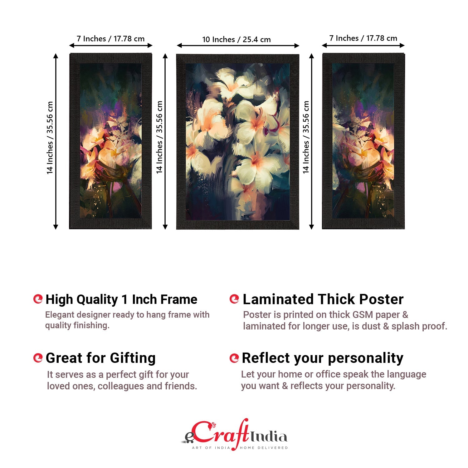 Set of 3 Botanical and Floral Satin Matt Textured UV Art Painting Kafalo