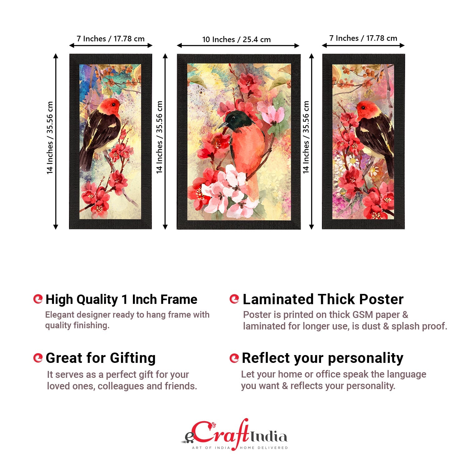 Set of 3 Botanical and Floral Satin Matt Textured UV Art Painting Kafalo