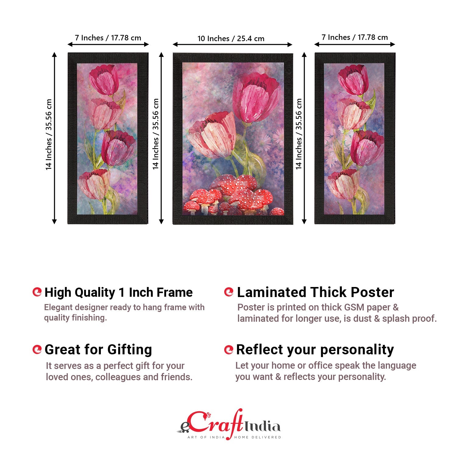Set of 3 Botanical and Floral Satin Matt Textured UV Art Painting Kafalo
