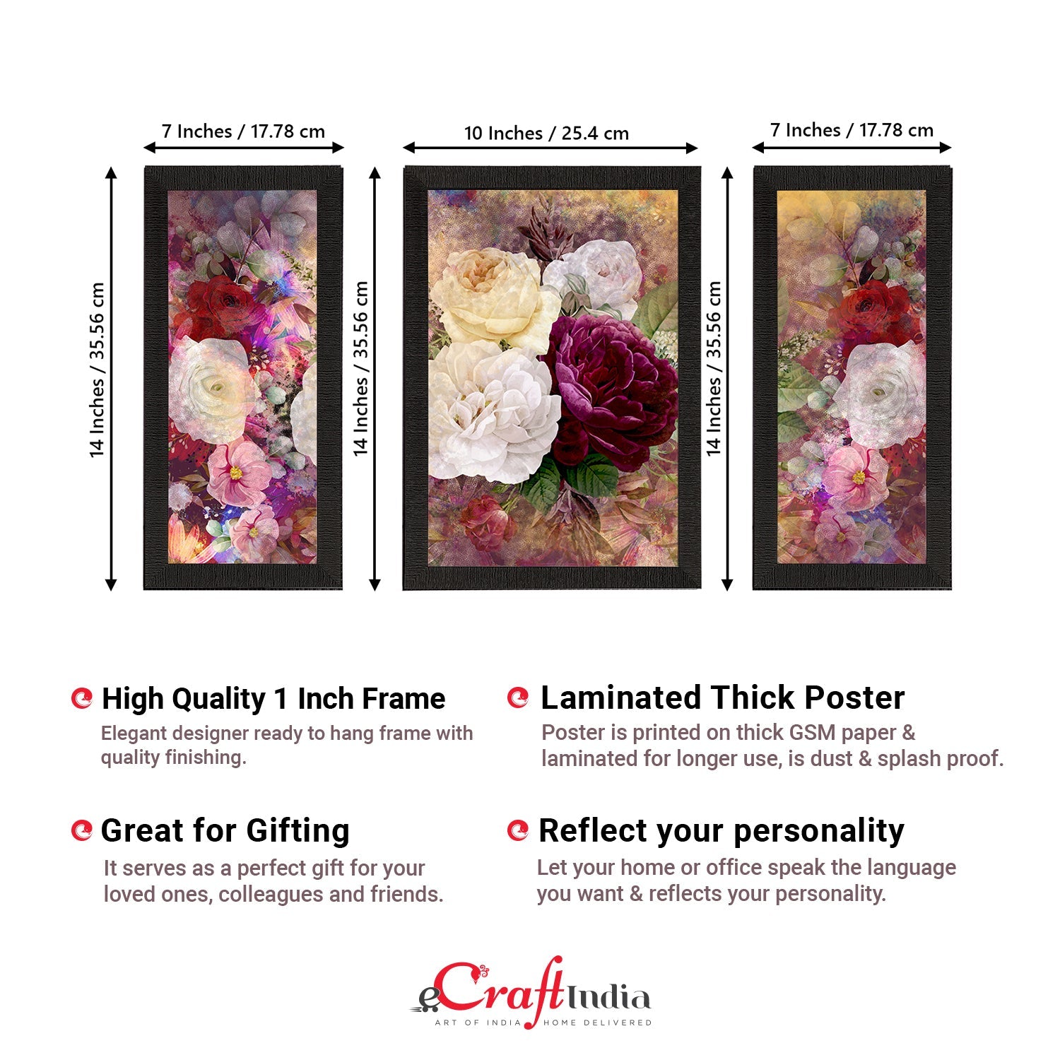 Set of 3 Botanical and Floral Satin Matt Textured UV Art Painting Kafalo