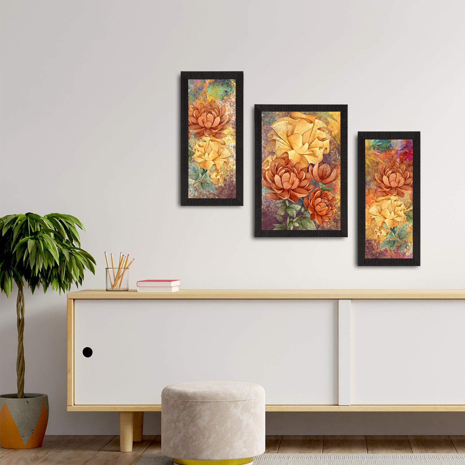 Set of 3 Botanical and Floral Satin Matt Textured UV Art Painting Kafalo