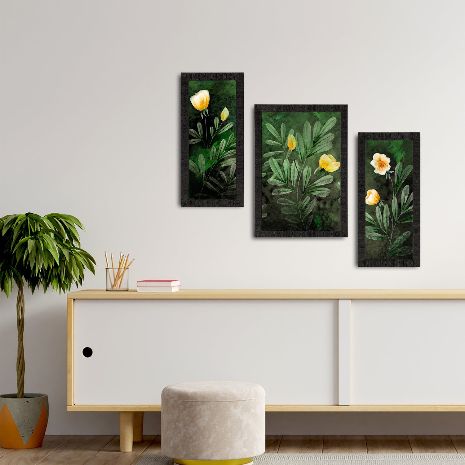 Set of 3 Botanical and Floral Satin Matt Textured UV Art Painting Kafalo