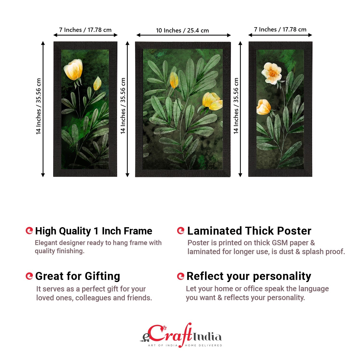 Set of 3 Botanical and Floral Satin Matt Textured UV Art Painting Kafalo