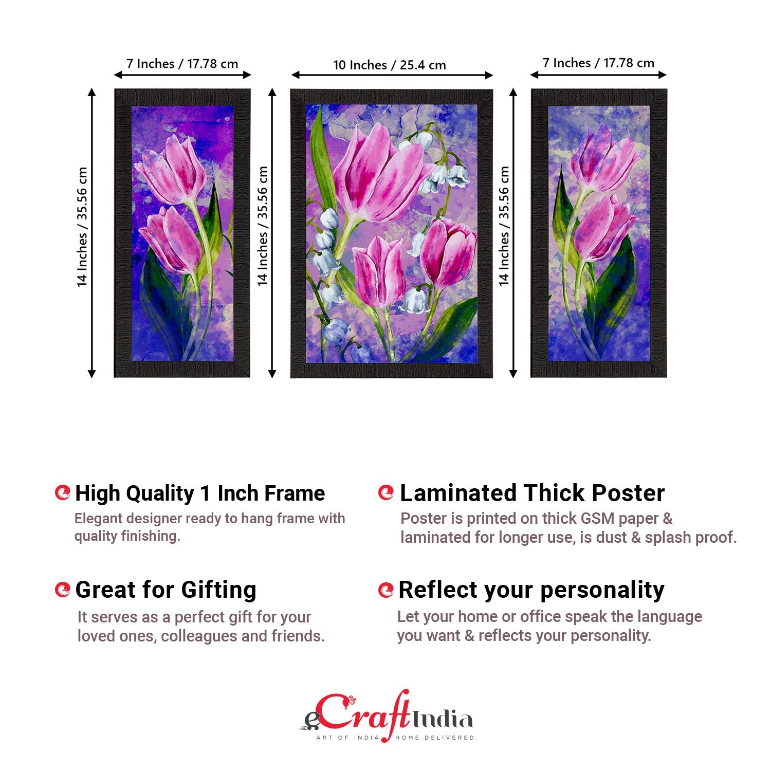 Set of 3 Botanical and Floral Satin Matt Textured UV Art Painting Kafalo
