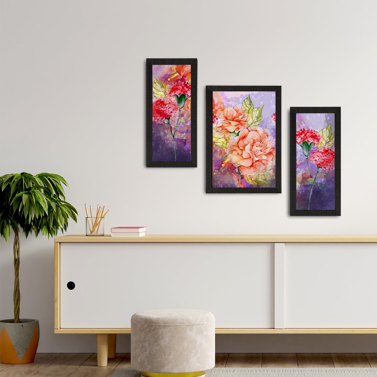 Set of 3 Botanical and Floral Satin Matt Textured UV Art Painting Kafalo