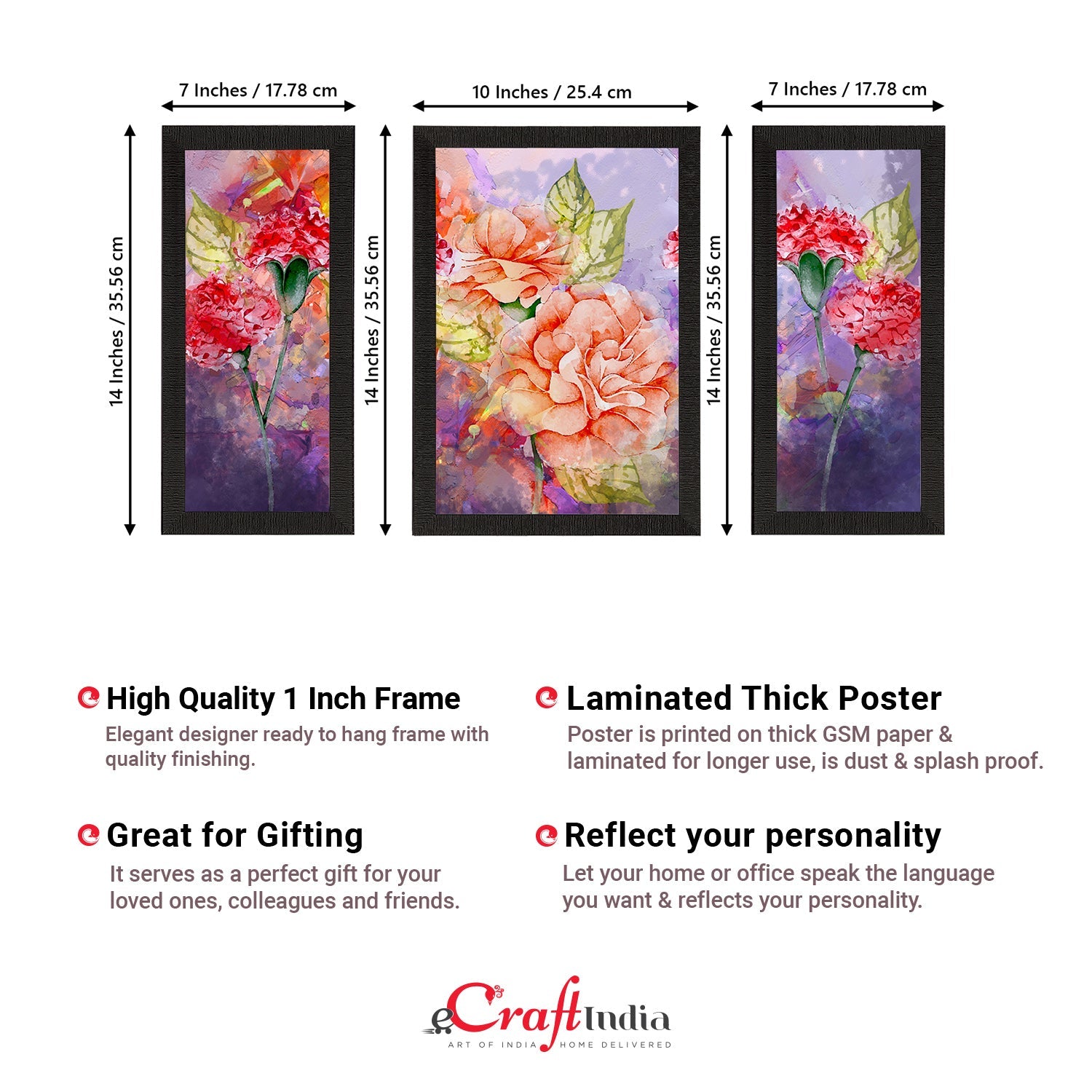 Set of 3 Botanical and Floral Satin Matt Textured UV Art Painting Kafalo