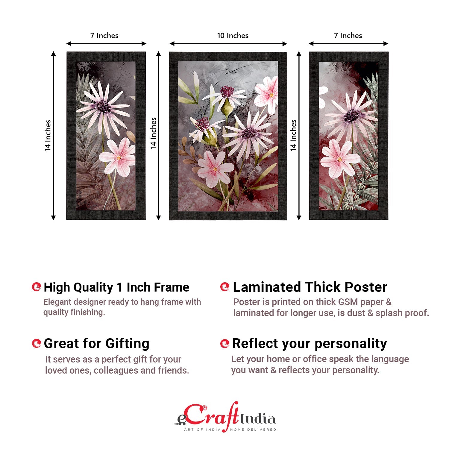 Set of 3 Botanical and Floral Satin Matt Textured UV Art Painting Kafalo