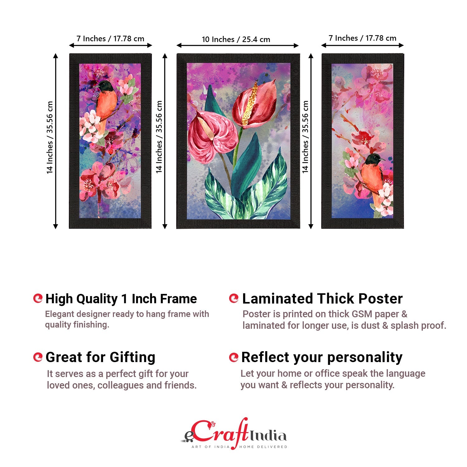 Set of 3 Botanical and Floral Satin Matt Textured UV Art Painting Kafalo