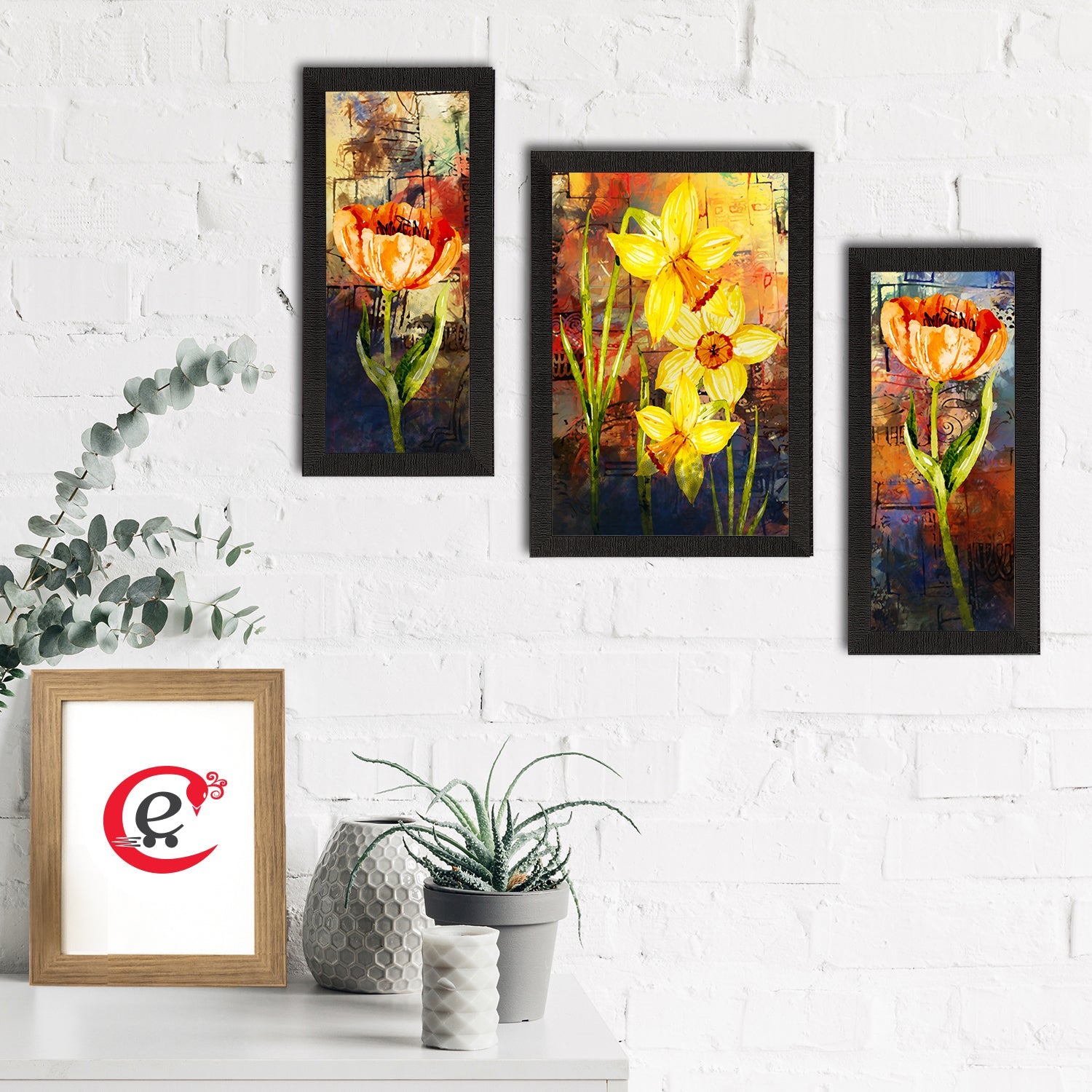 Set of 3 Botanical and Floral Satin Matt Textured UV Art Painting Kafalo