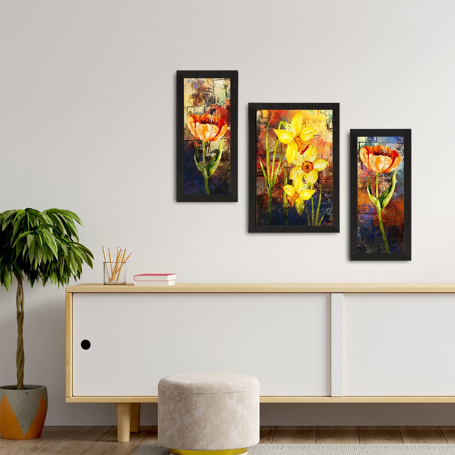 Set of 3 Botanical and Floral Satin Matt Textured UV Art Painting Kafalo