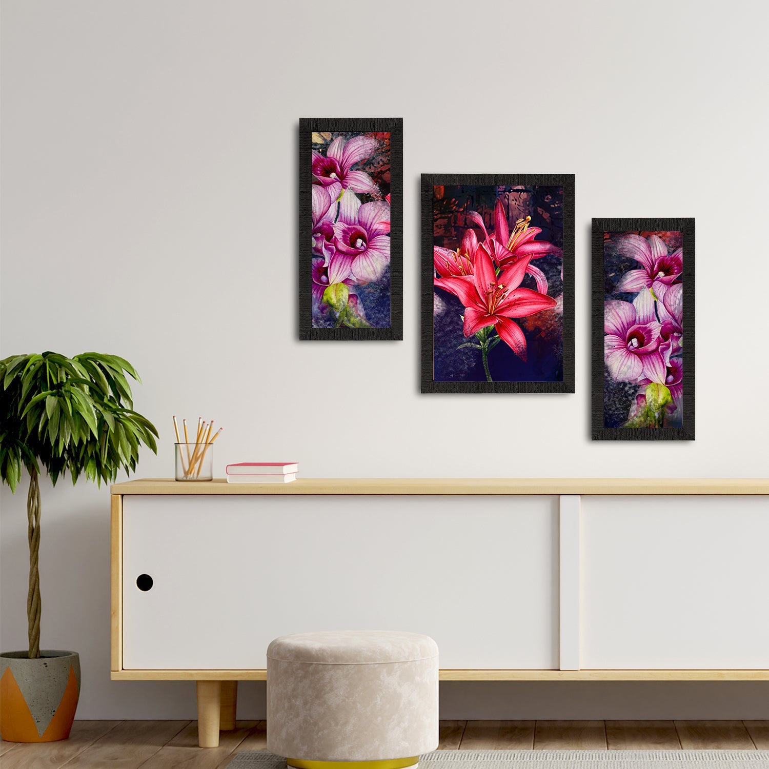 Set of 3 Botanical and Floral Satin Matt Textured UV Art Painting Kafalo