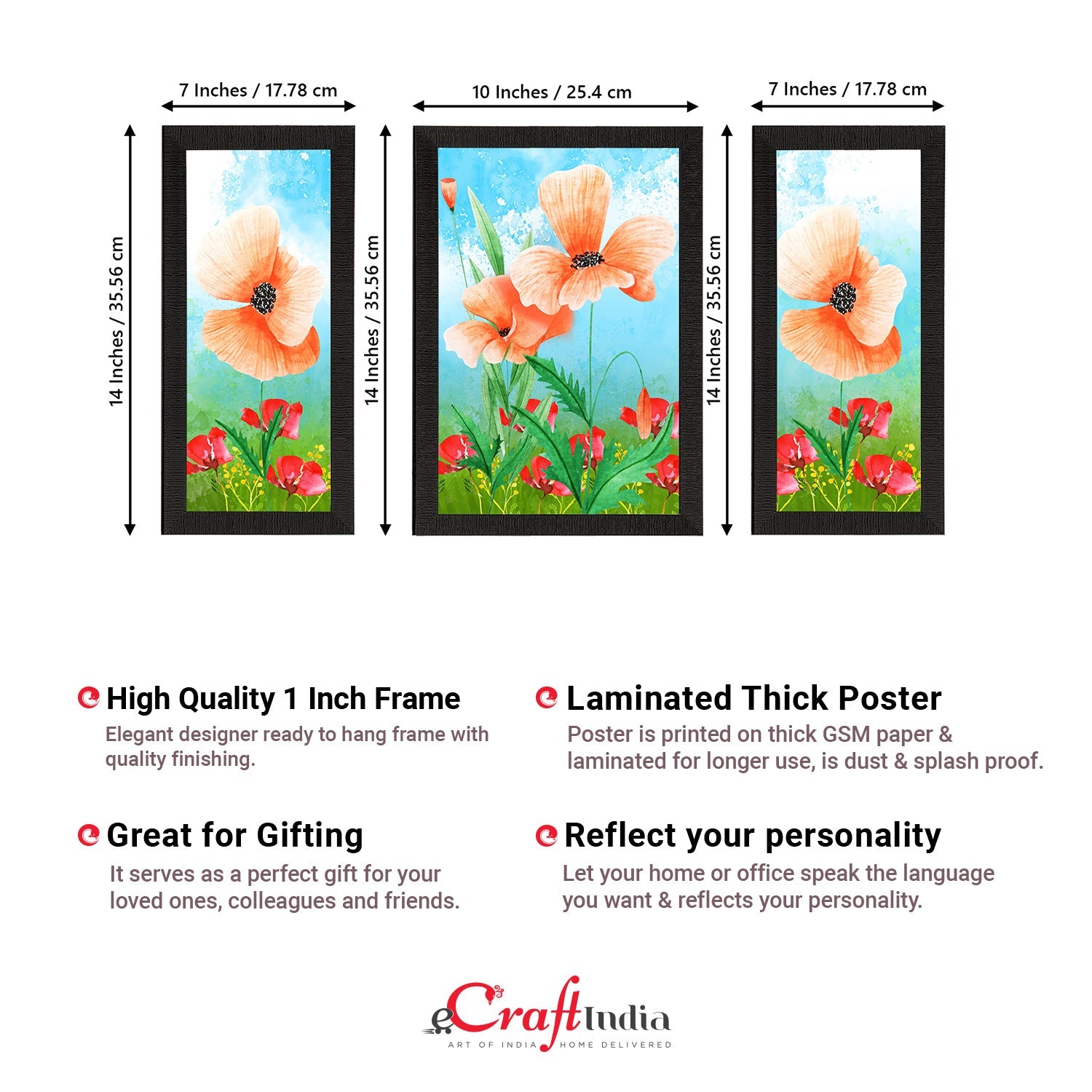Set of 3 Botanical and Floral Satin Matt Textured UV Art Painting Kafalo