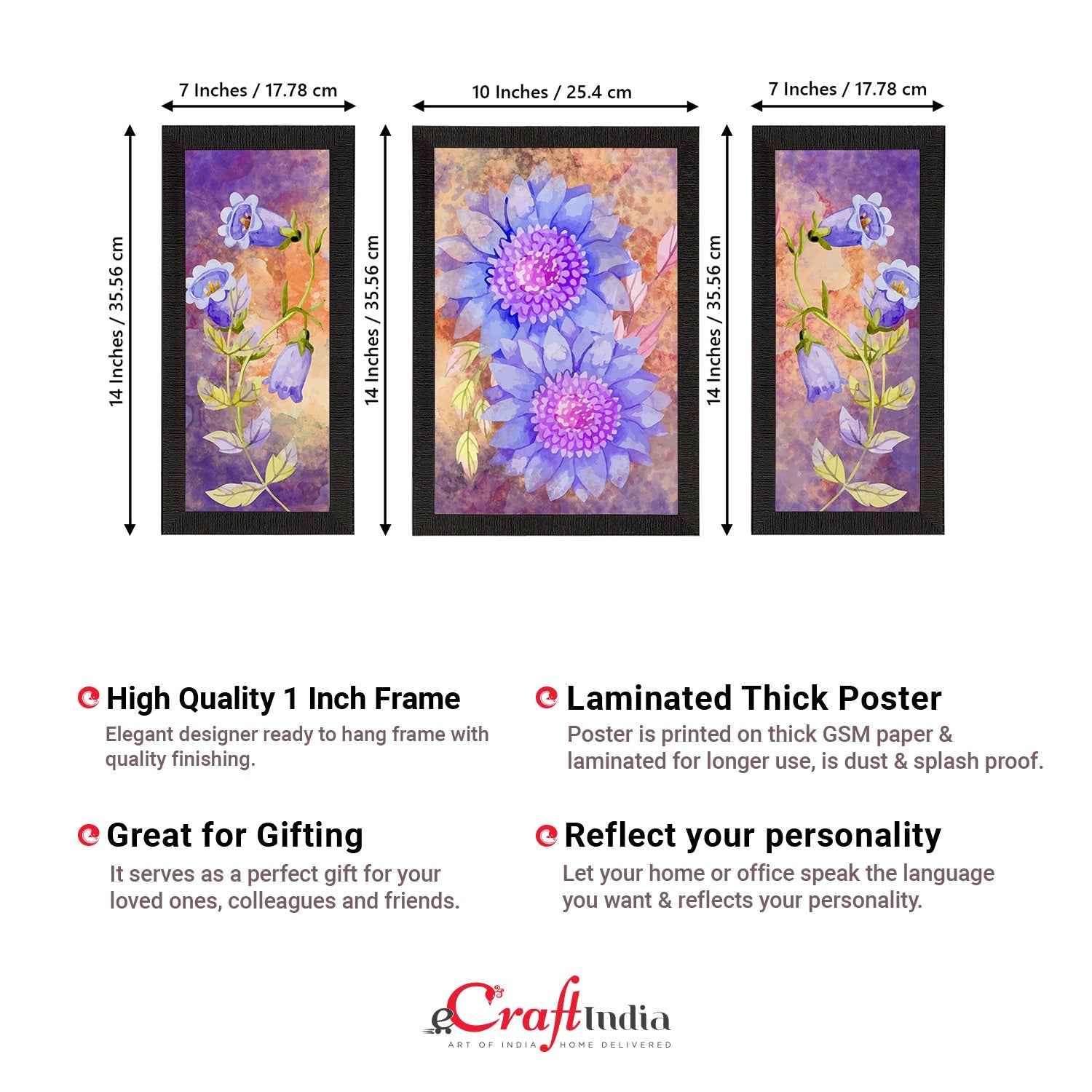 Set of 3 Botanical and Floral Satin Matt Textured UV Art Painting Kafalo