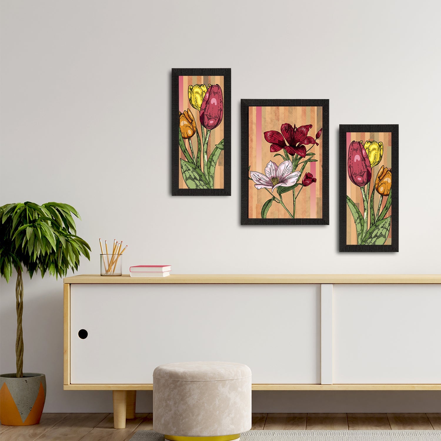 Set of 3 Botanical and Floral Satin Matt Textured UV Art Painting Kafalo
