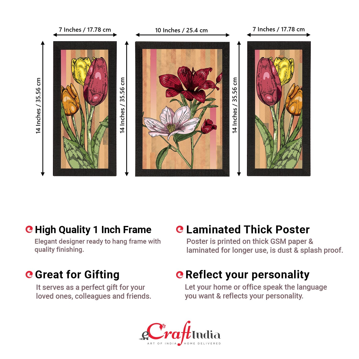 Set of 3 Botanical and Floral Satin Matt Textured UV Art Painting Kafalo
