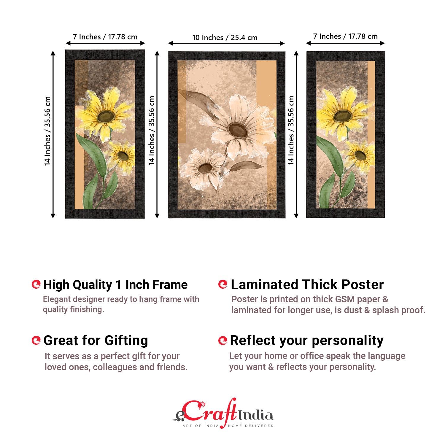 Set of 3 Botanical and Floral Satin Matt Textured UV Art Painting Kafalo
