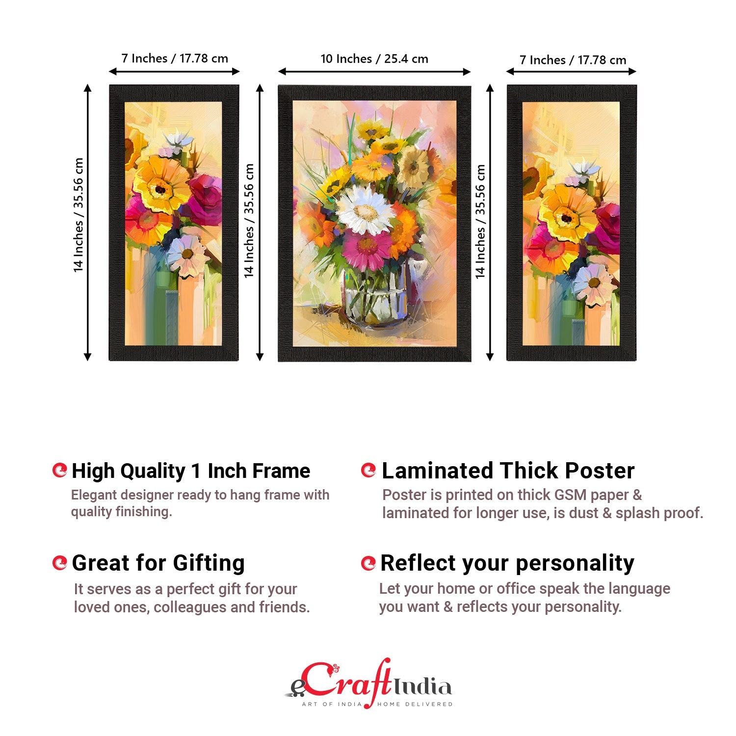 Set of 3 Botanical and Floral Satin Matt Textured UV Art Painting Kafalo