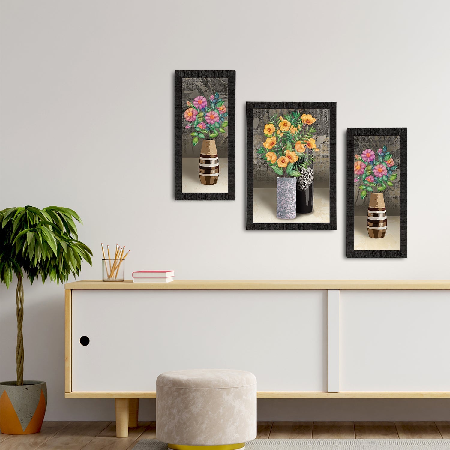 Set of 3 Botanical and Floral Satin Matt Textured UV Art Painting Kafalo