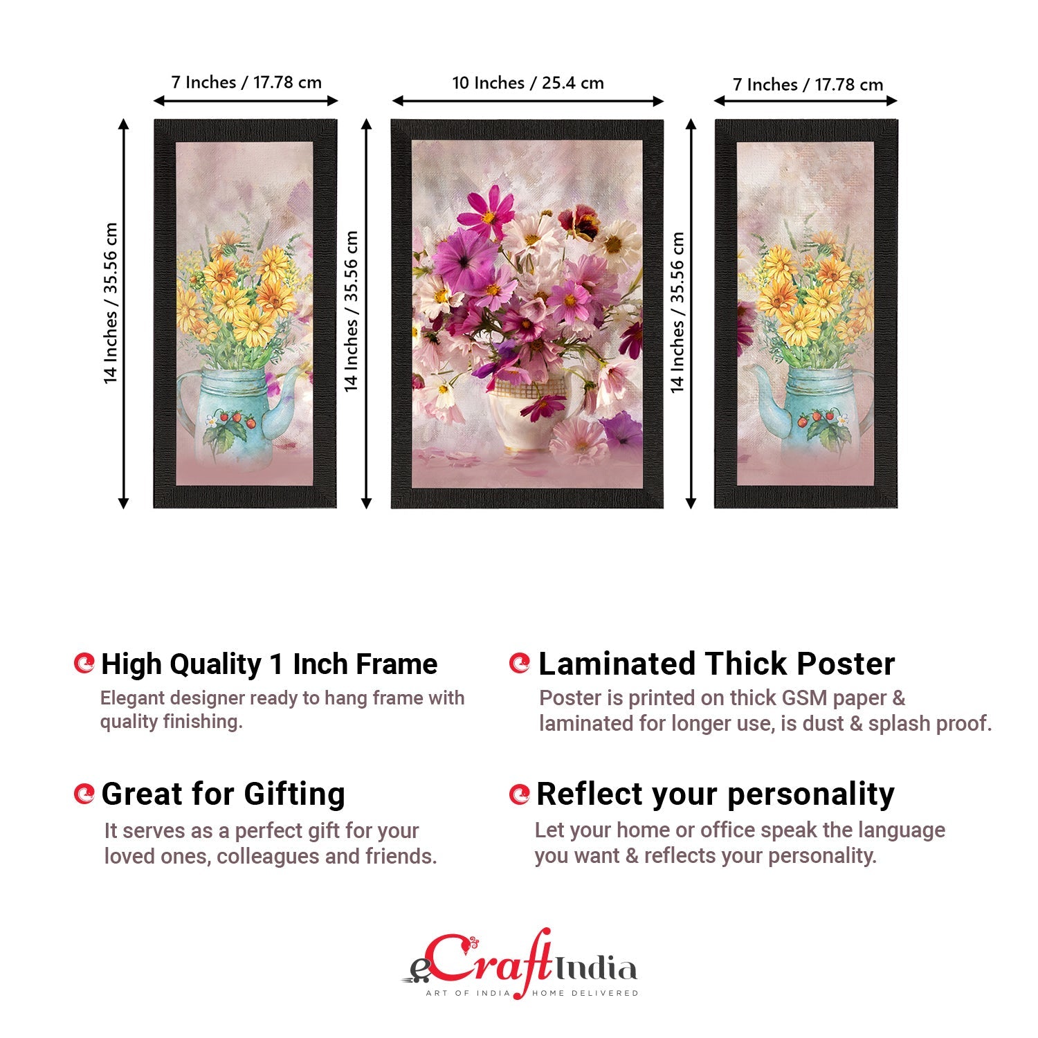 Set of 3 Botanical and Floral Satin Matt Textured UV Art Painting Kafalo