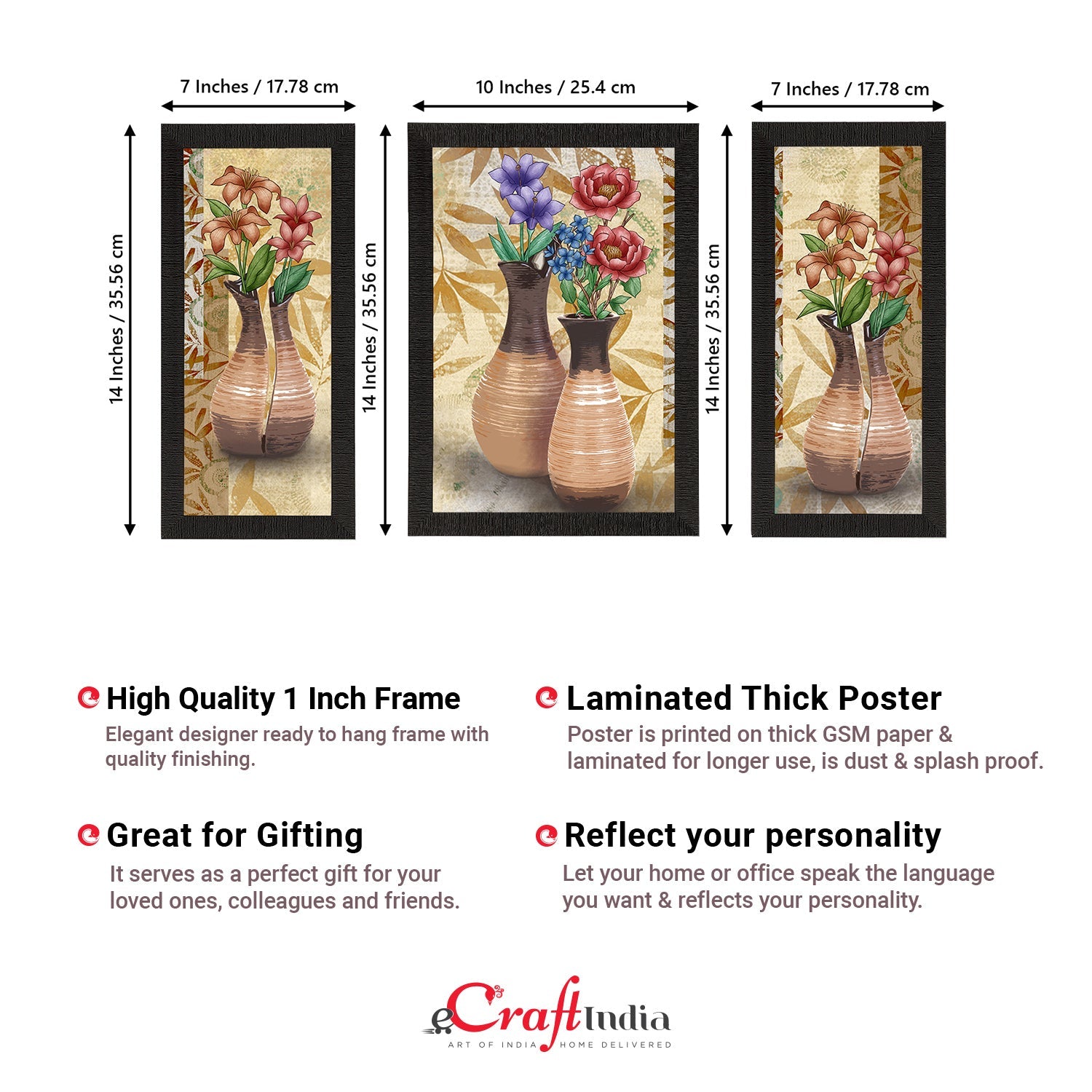 Set of 3 Botanical and Floral Satin Matt Textured UV Art Painting Kafalo