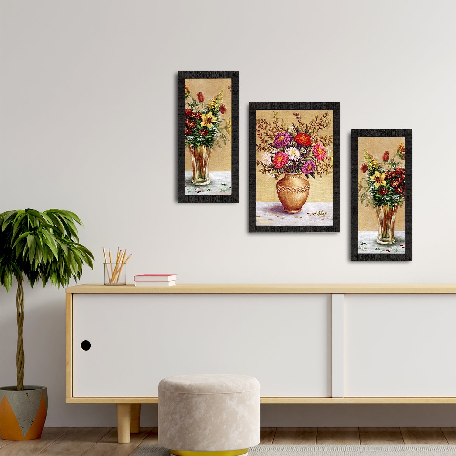 Set of 3 Botanical and Floral Satin Matt Textured UV Art Painting Kafalo