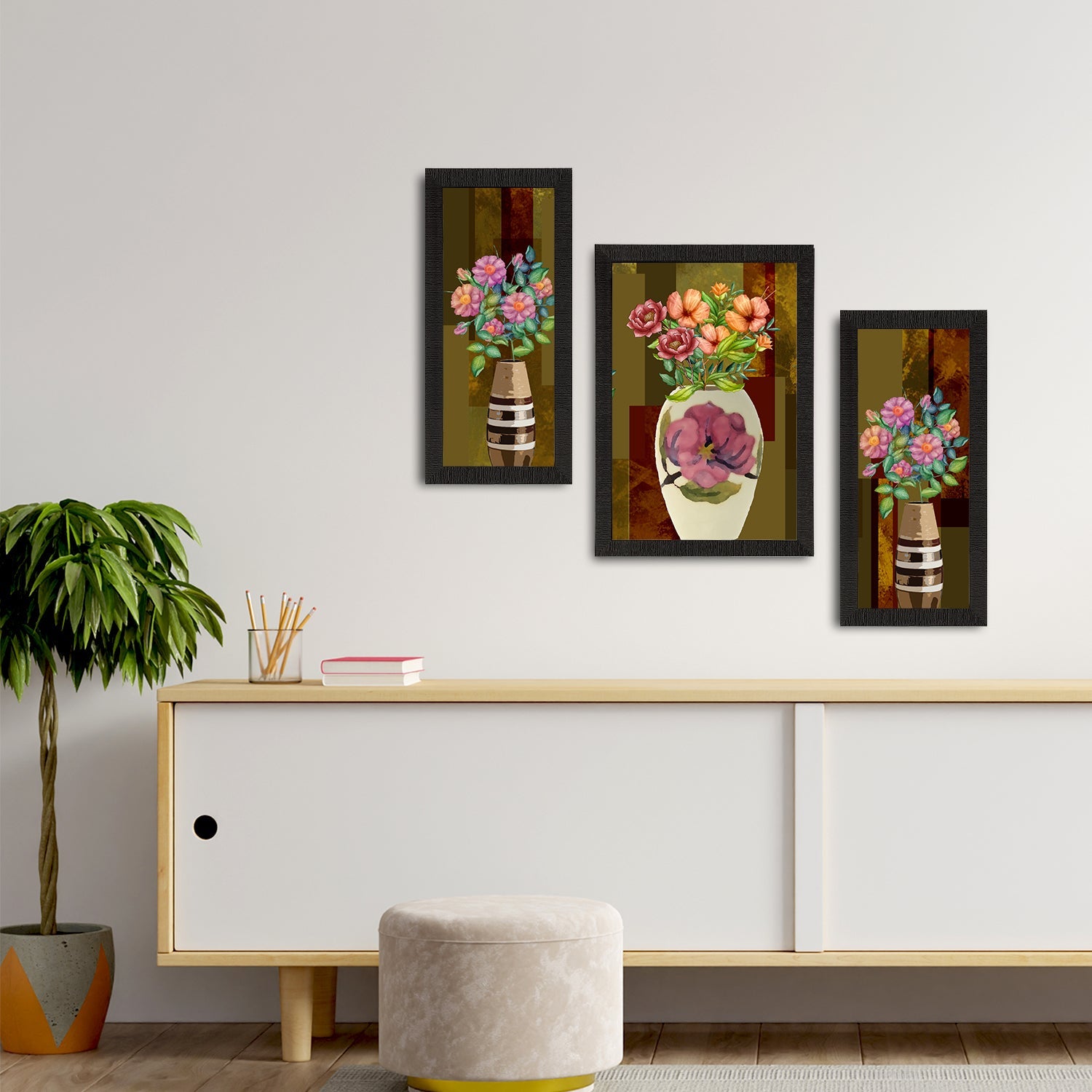 Set of 3 Botanical and Floral Satin Matt Textured UV Art Painting Kafalo