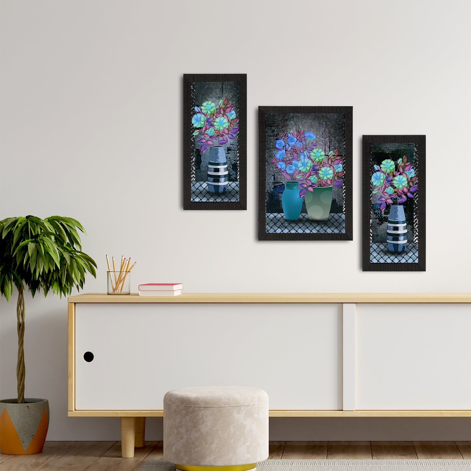 Set of 3 Botanical and Floral Satin Matt Textured UV Art Painting Kafalo