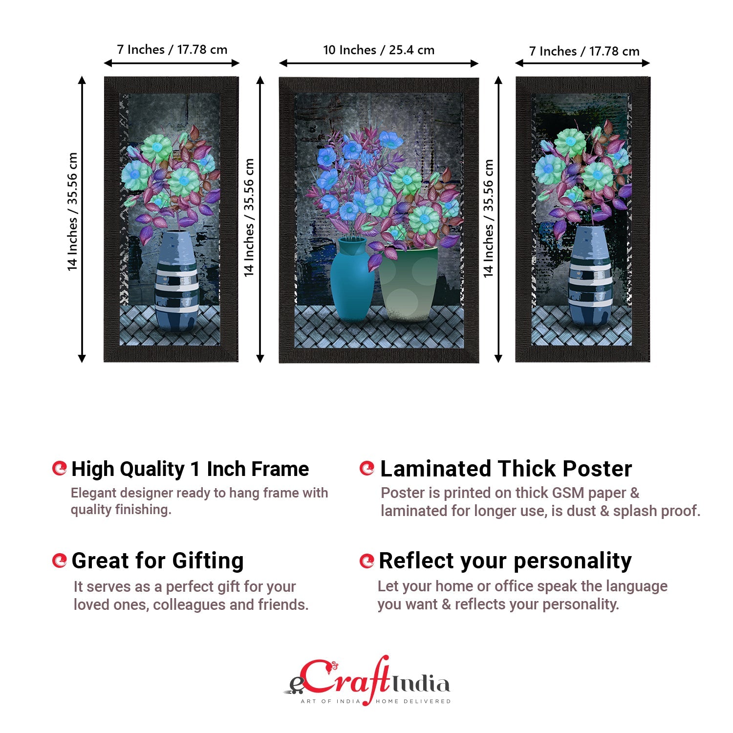 Set of 3 Botanical and Floral Satin Matt Textured UV Art Painting Kafalo
