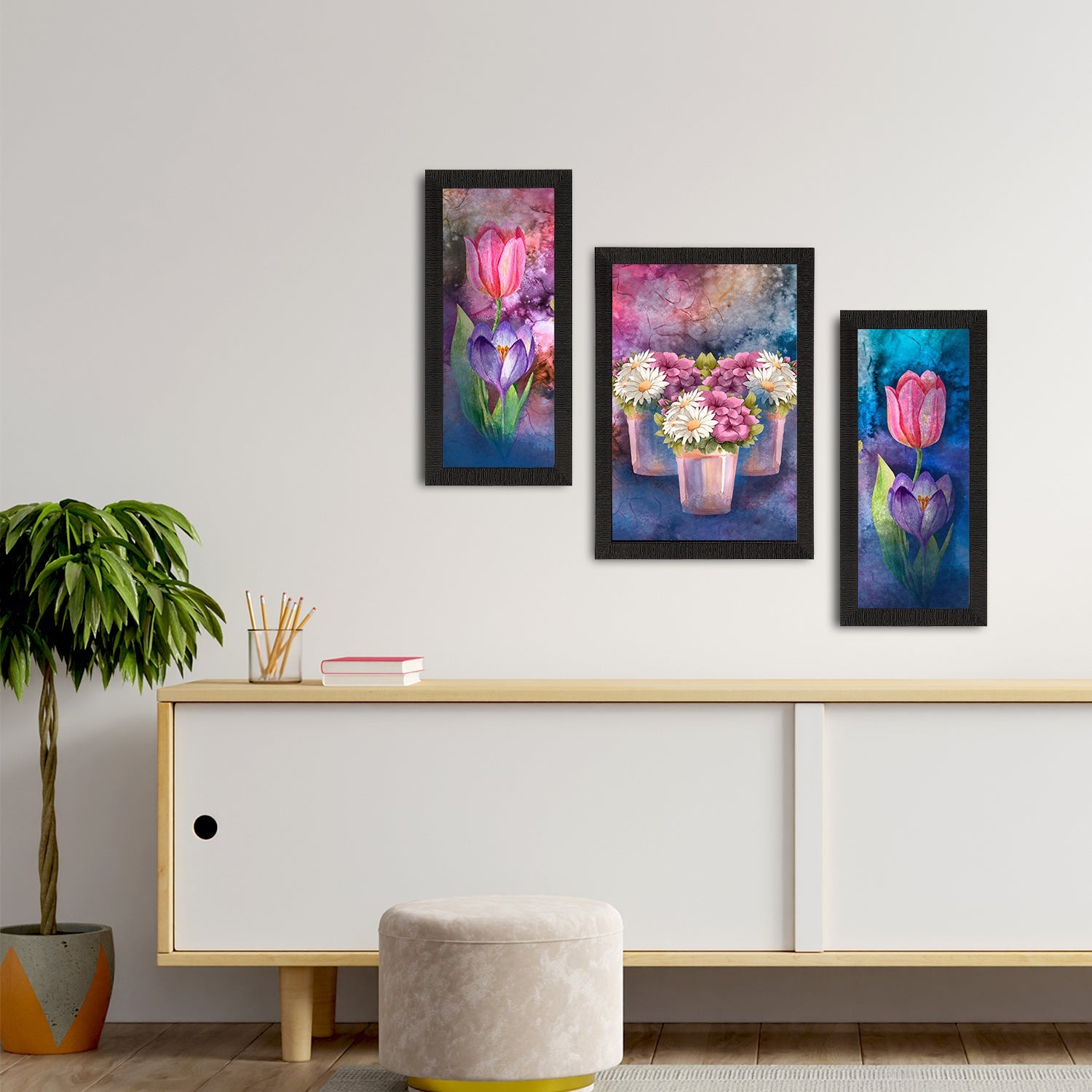 Set of 3 Botanical and Floral Satin Matt Textured UV Art Painting Kafalo