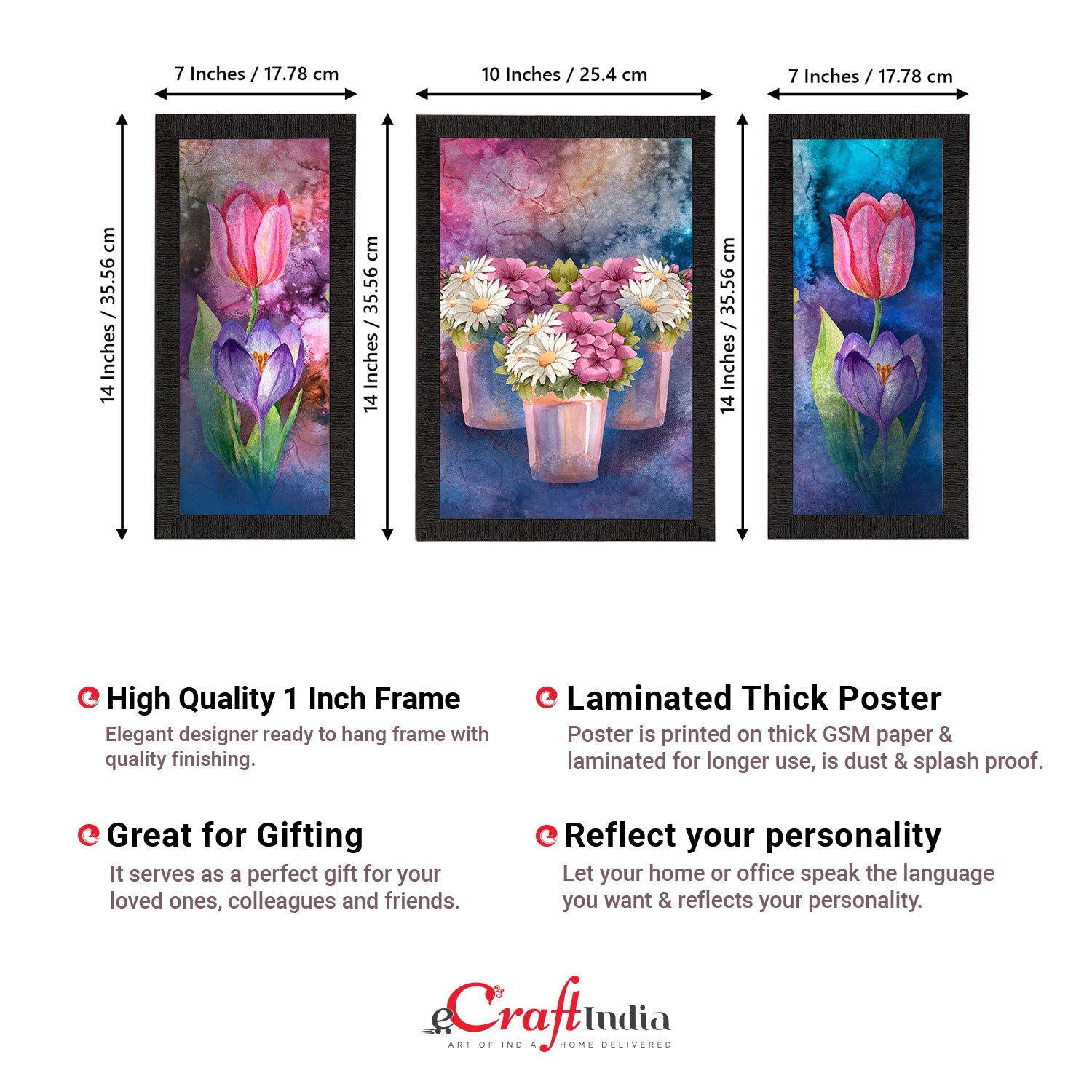 Set of 3 Botanical and Floral Satin Matt Textured UV Art Painting Kafalo