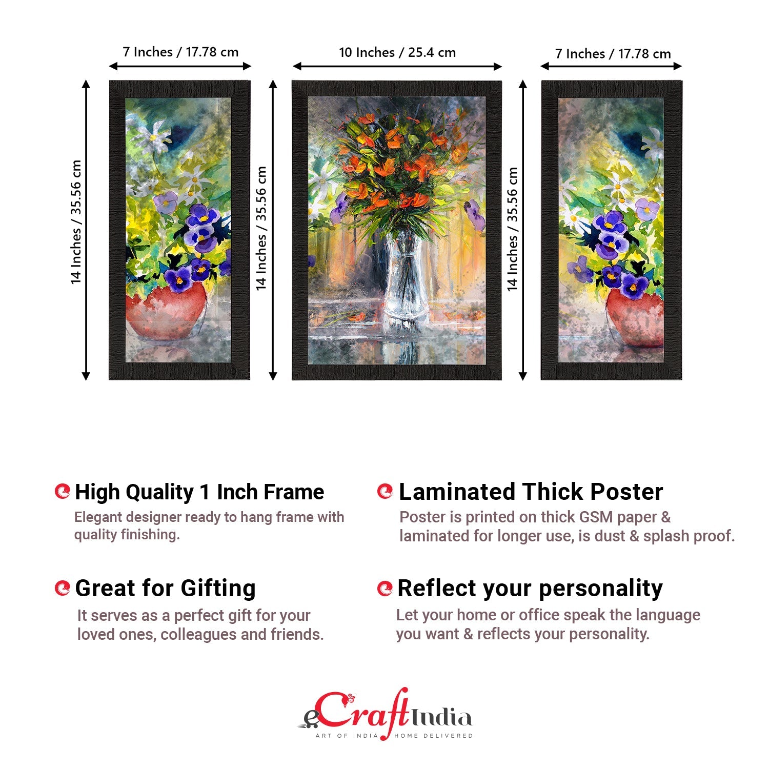 Set of 3 Botanical and Floral Satin Matt Textured UV Art Painting Kafalo