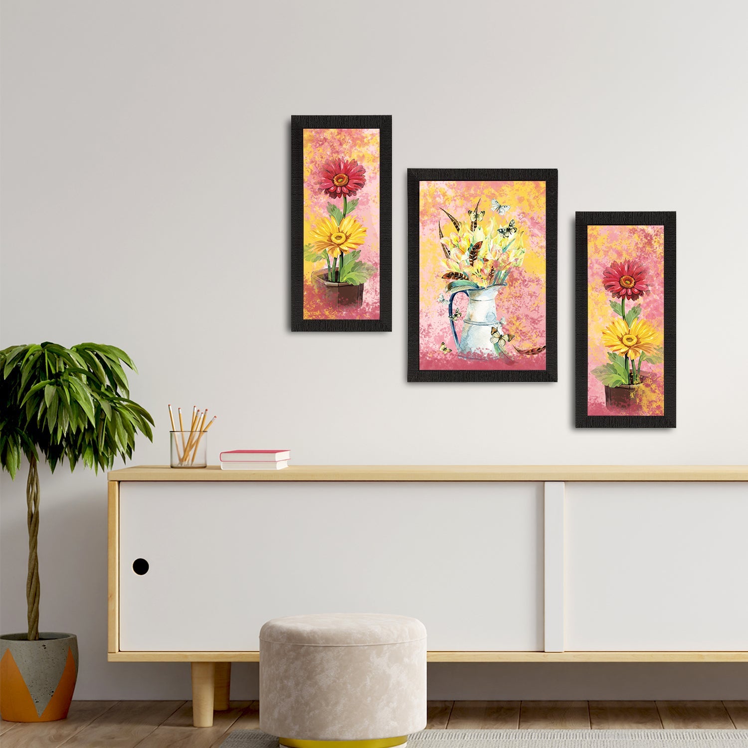 Set of 3 Botanical and Floral Satin Matt Textured UV Art Painting Kafalo