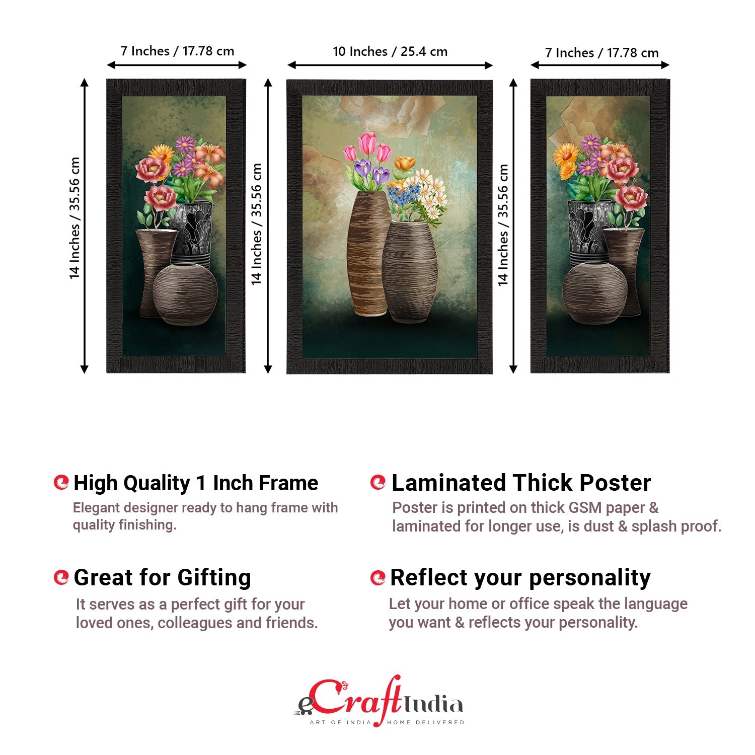 Set of 3 Botanical and Floral Satin Matt Textured UV Art Painting Kafalo