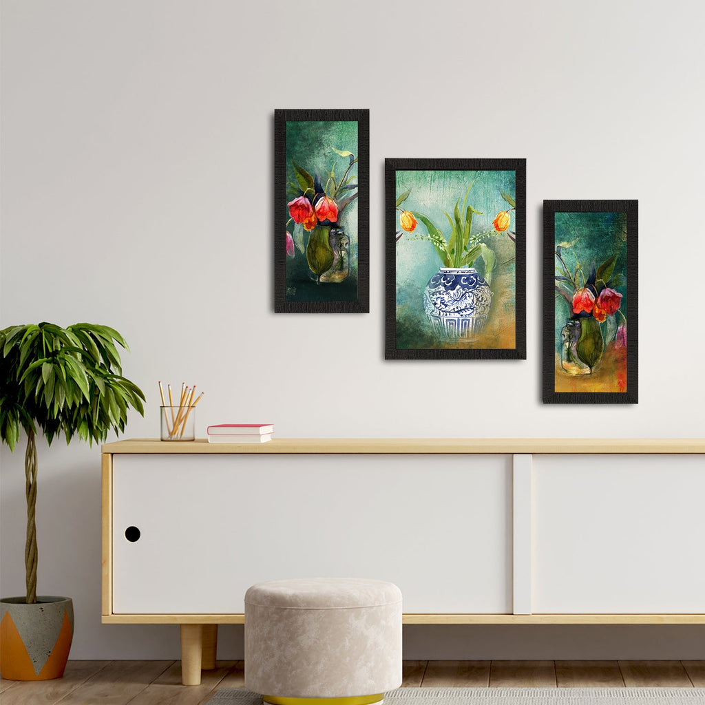 Set of 3 Botanical and Floral Satin Matt Textured UV Art Painting Kafalo