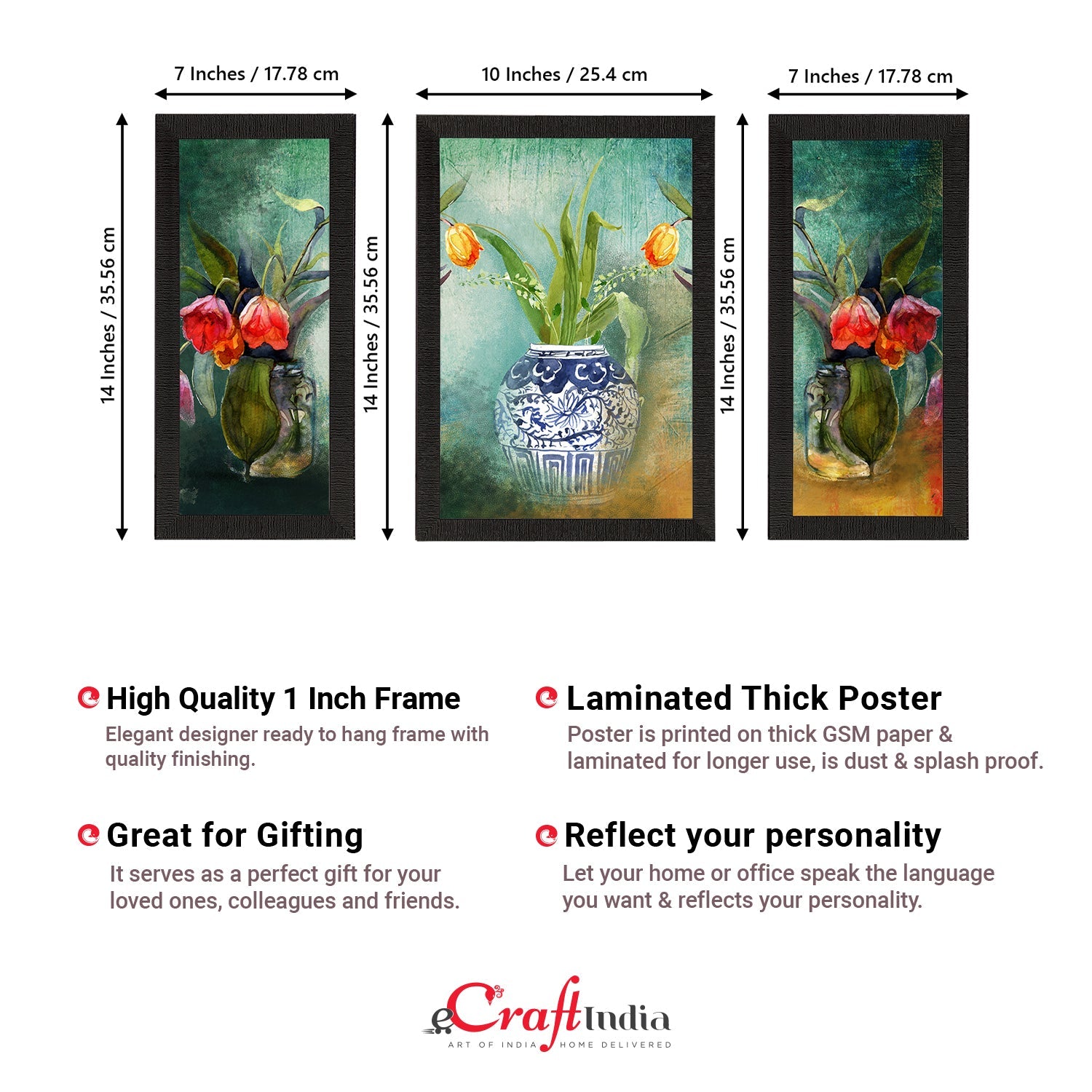 Set of 3 Botanical and Floral Satin Matt Textured UV Art Painting Kafalo