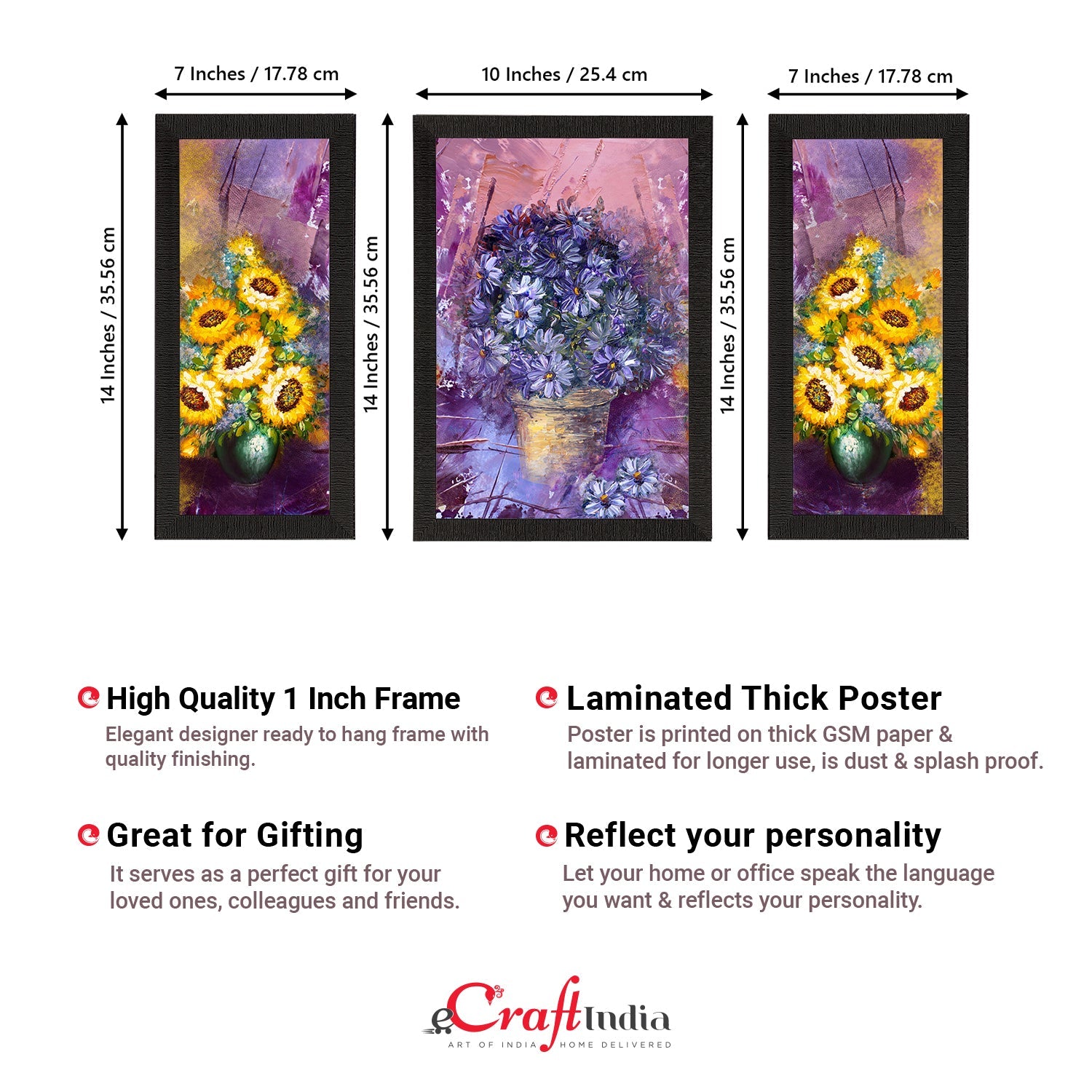 Set of 3 Botanical and Floral Satin Matt Textured UV Art Painting Kafalo