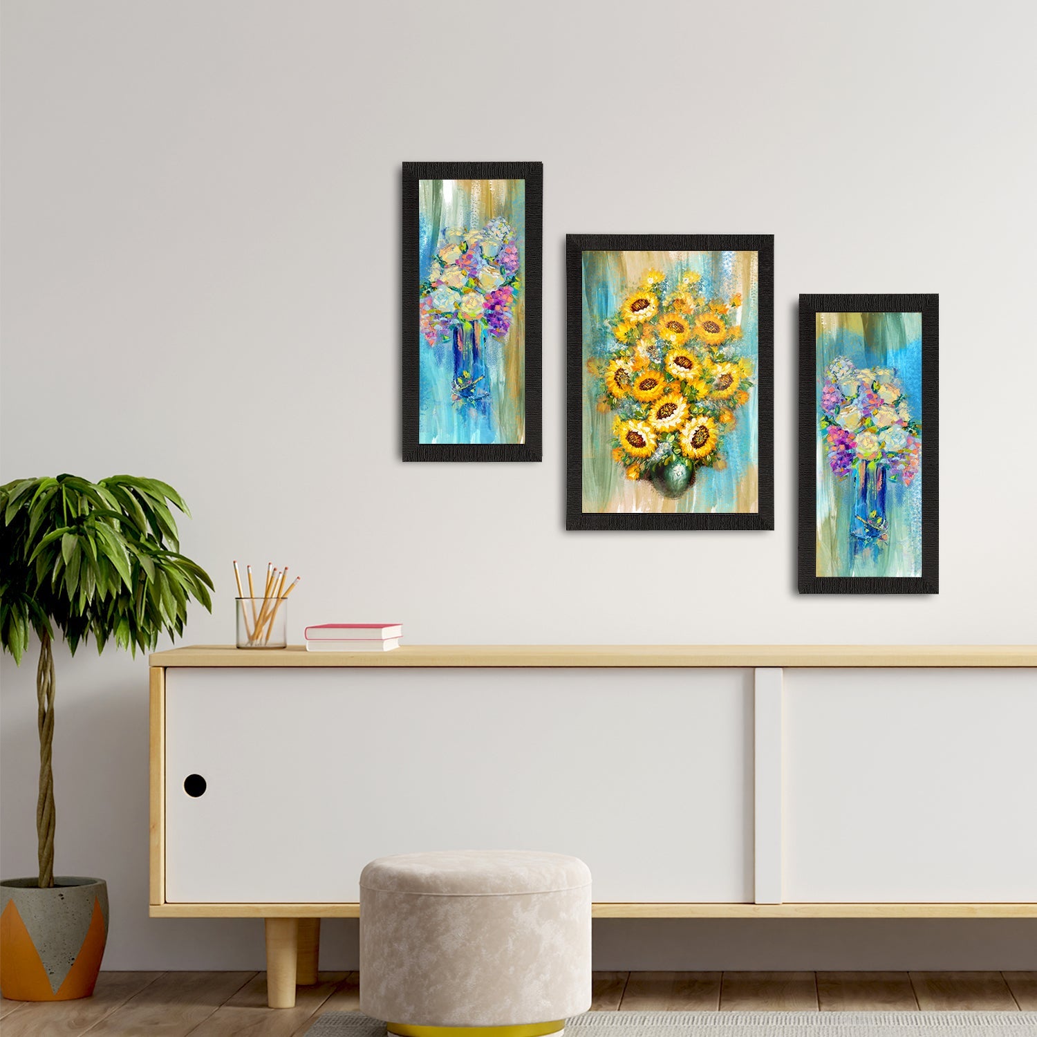 Set of 3 Botanical and Floral Satin Matt Textured UV Art Painting Kafalo