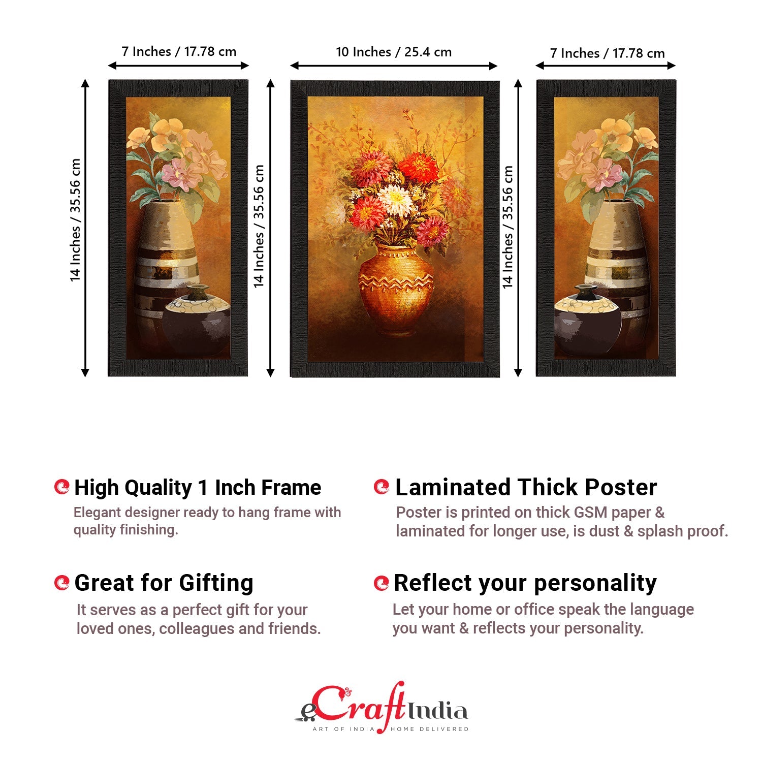 Set of 3 Botanical and Floral Satin Matt Textured UV Art Painting Kafalo