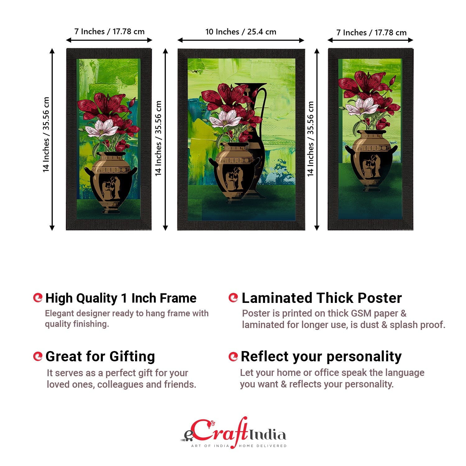 Set of 3 Botanical and Floral Satin Matt Textured UV Art Painting Kafalo