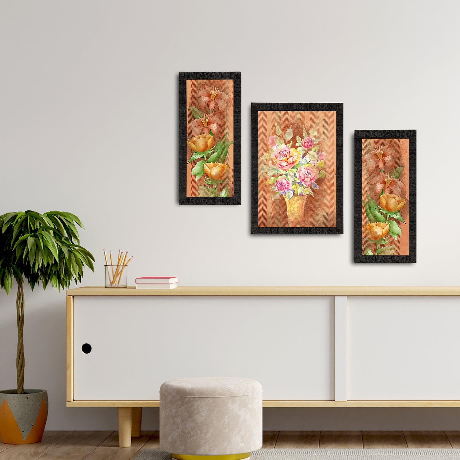 Set of 3 Botanical and Floral Satin Matt Textured UV Art Painting Kafalo