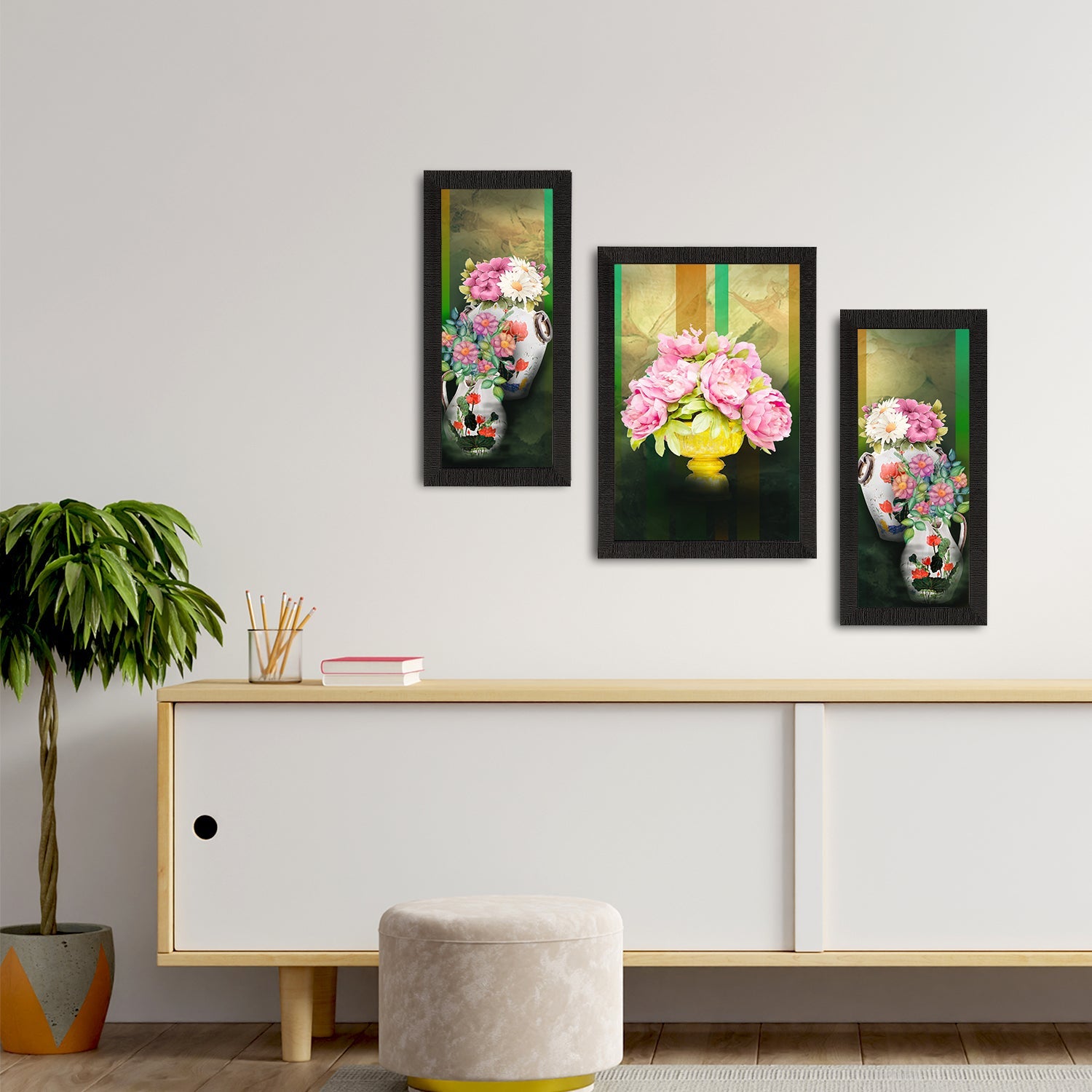 Set of 3 Botanical and Floral Satin Matt Textured UV Art Painting Kafalo