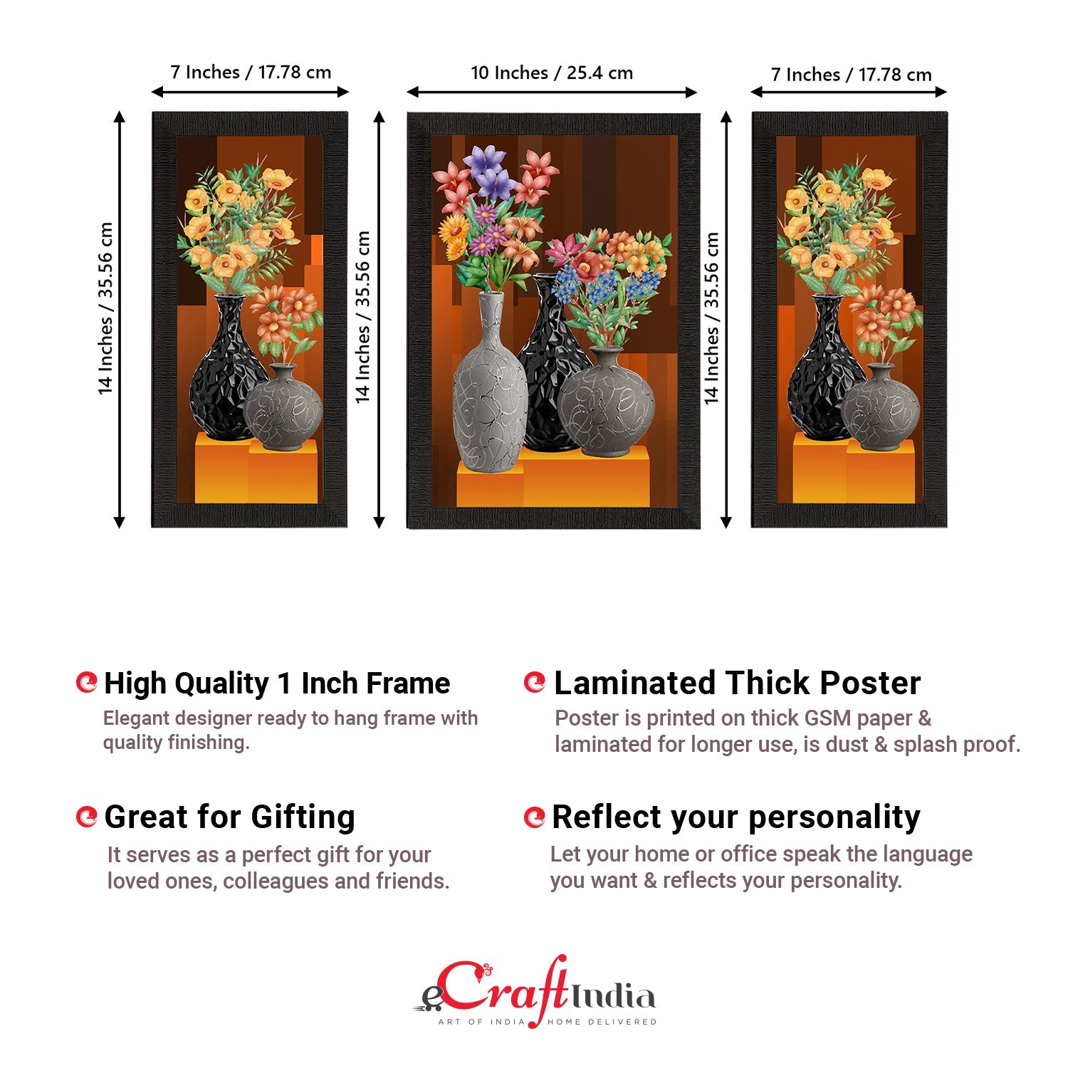 Set of 3 Botanical and Floral Satin Matt Textured UV Art Painting Kafalo