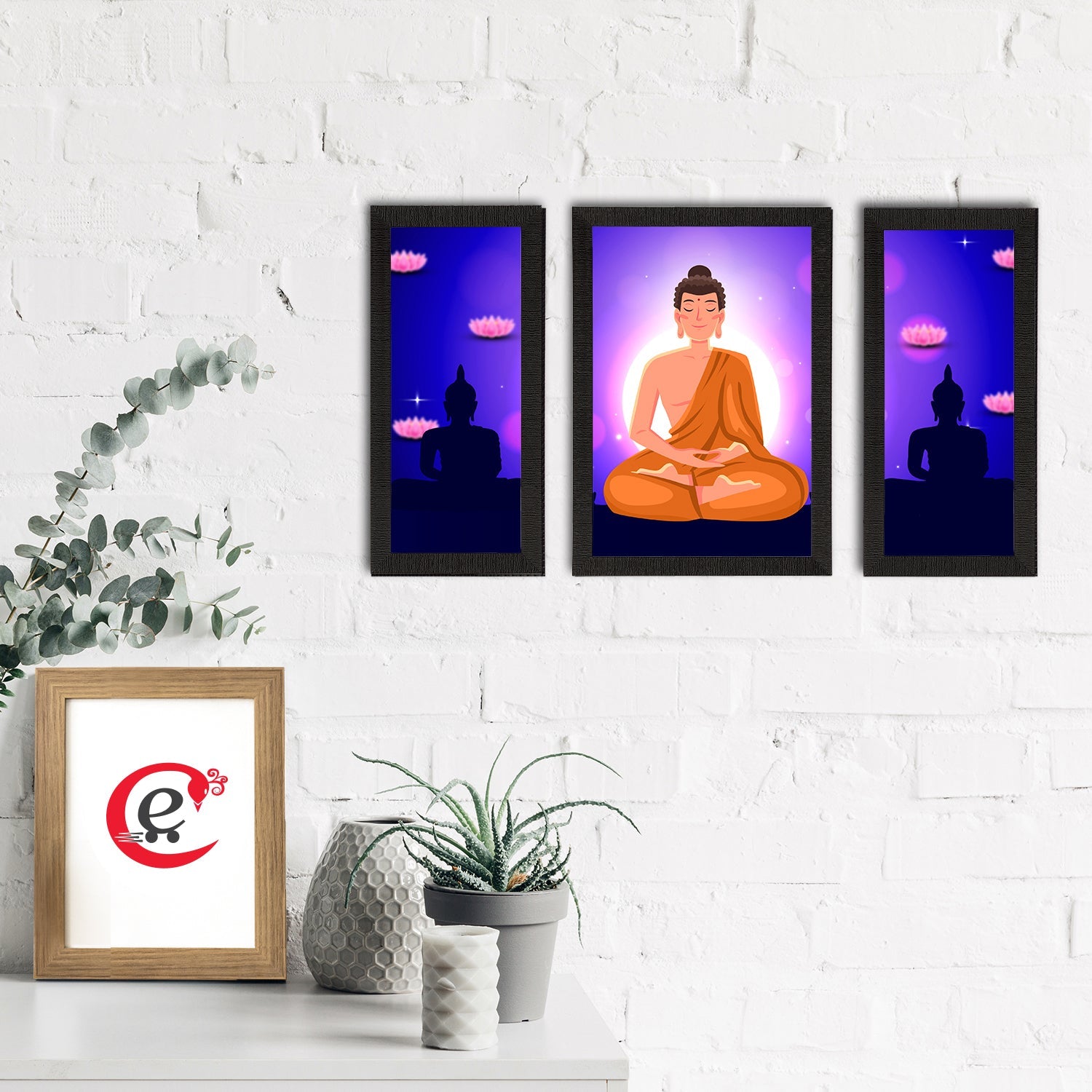 Set of 3 Meditating Lord Buddha Satin Matt Textured UV Art Painting Kafalo