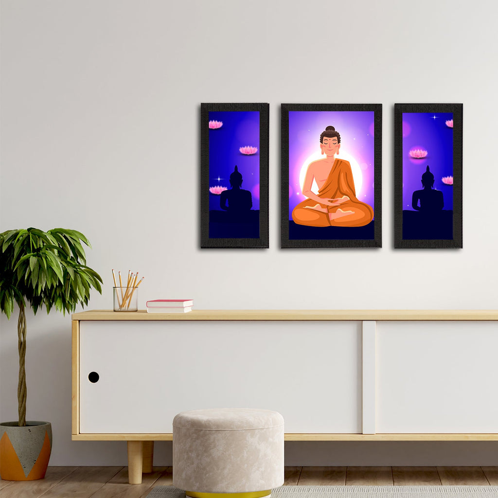 Set of 3 Meditating Lord Buddha Satin Matt Textured UV Art Painting Kafalo