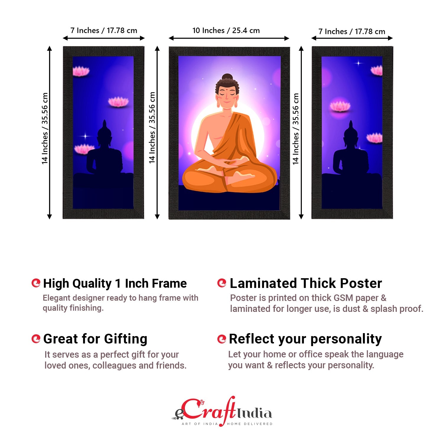 Set of 3 Meditating Lord Buddha Satin Matt Textured UV Art Painting Kafalo