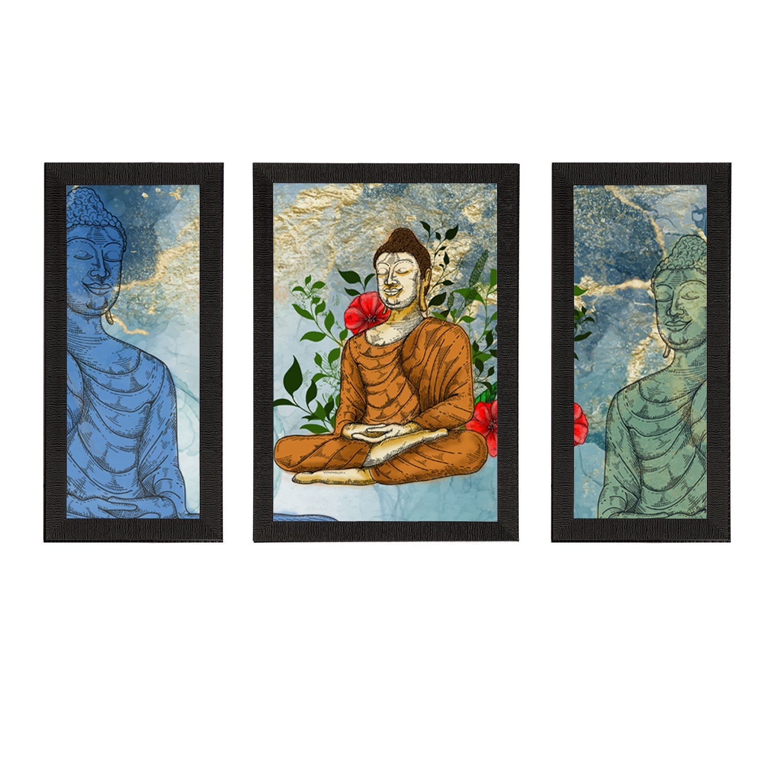 Set of 3 Meditating Lord Buddha Satin Matt Textured UV Art Painting Kafalo