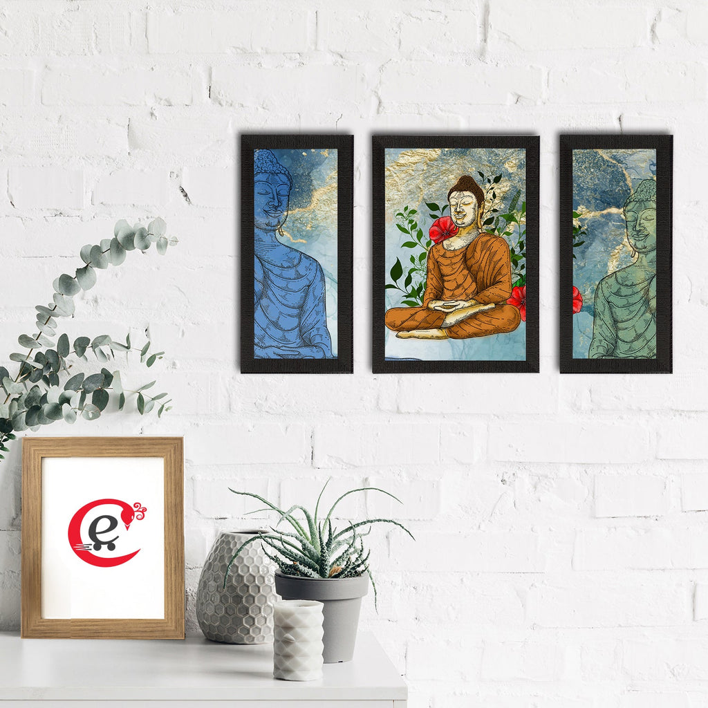Set of 3 Meditating Lord Buddha Satin Matt Textured UV Art Painting Kafalo