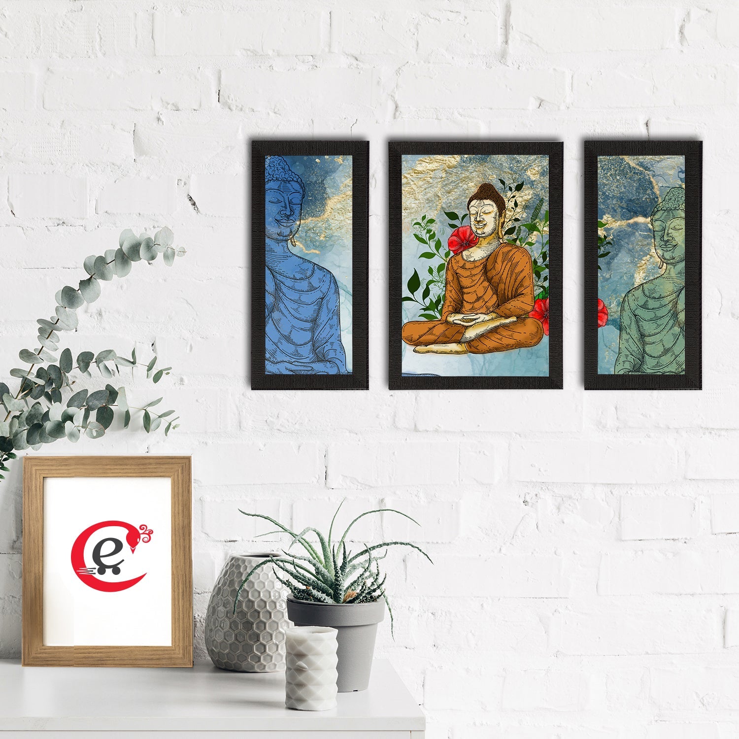 Set of 3 Meditating Lord Buddha Satin Matt Textured UV Art Painting Kafalo